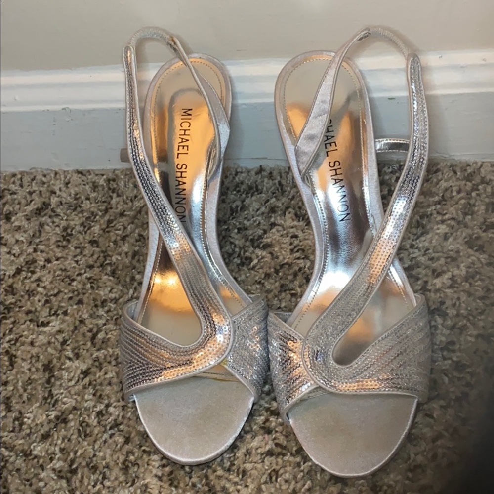 Silver open toe heels